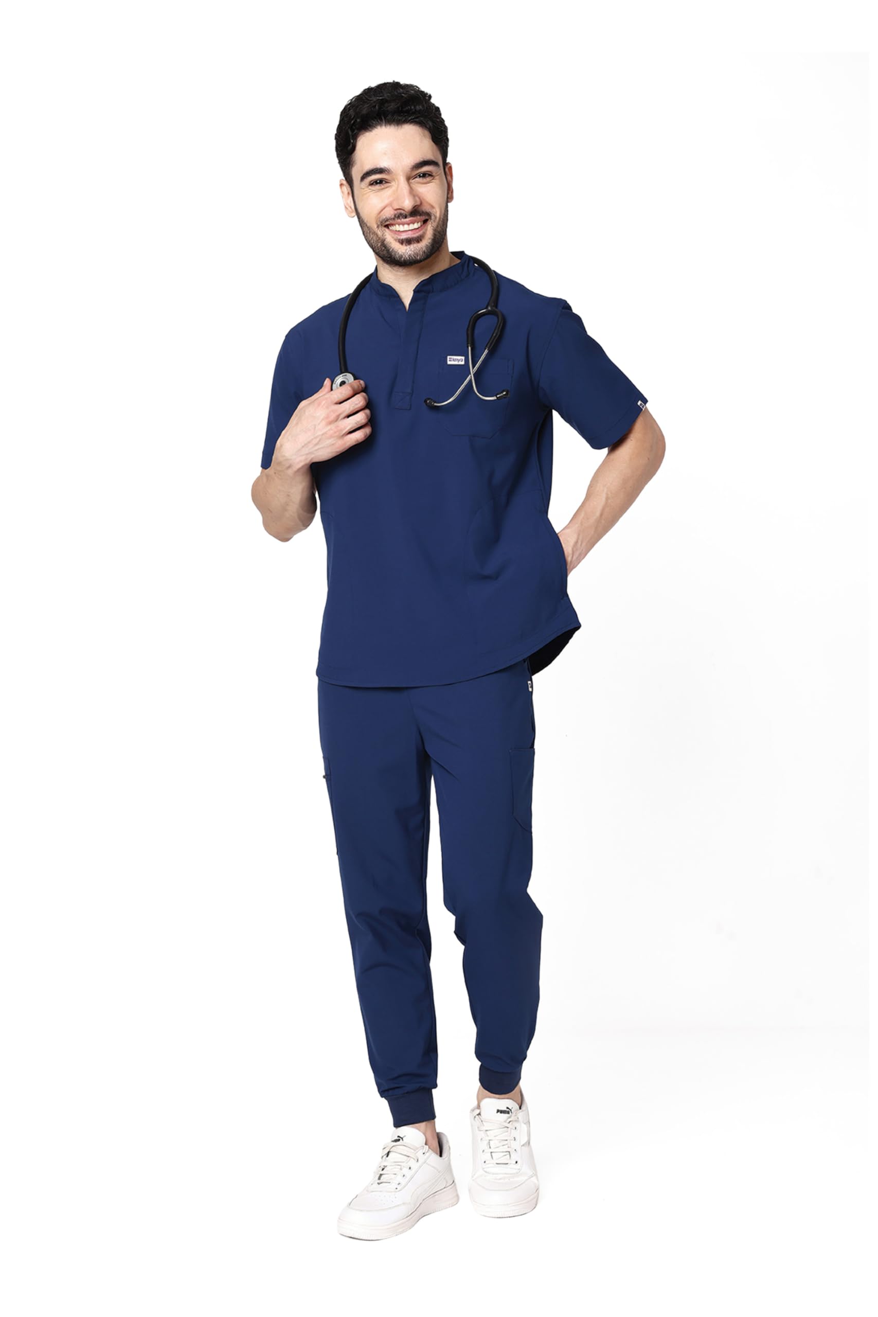 KNYA Ecoflex Men's Align Scrub Suits | Jogger Scrubs |8 Pockets | Mandarin Top |Cargo Bottom | 4-way stretch | For Doctors (3XL, Navy Blue)