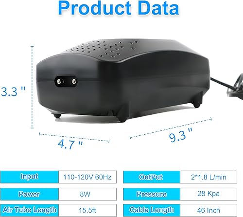 Miniatura 6 de Coospider Bomba de aire de acuario mejorada de 8 W, burbujeador de acuario ultra silencioso, doble salida para pecera, flujo de aire ajustable para