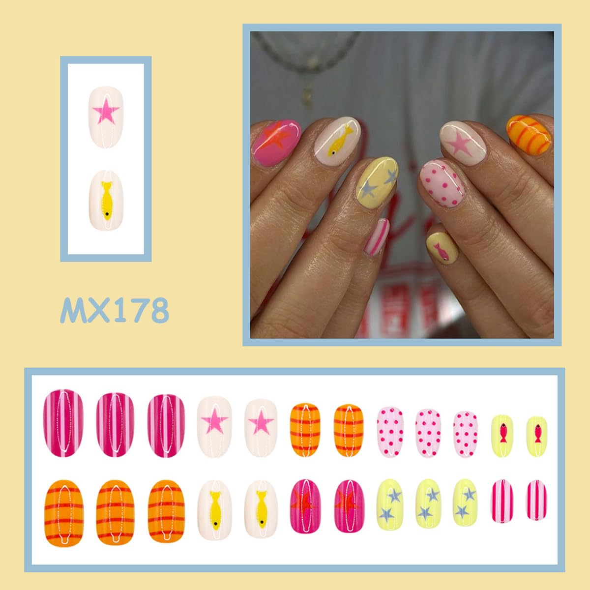 Summer Press on Nails Medium Oval Fake Nails Beach Glue on Nail with Designs Star | Polka Dot | Striped | Cute Fish, Reusable False Nail Full Cover Stick on Nails for Women Manicure 24Pcs