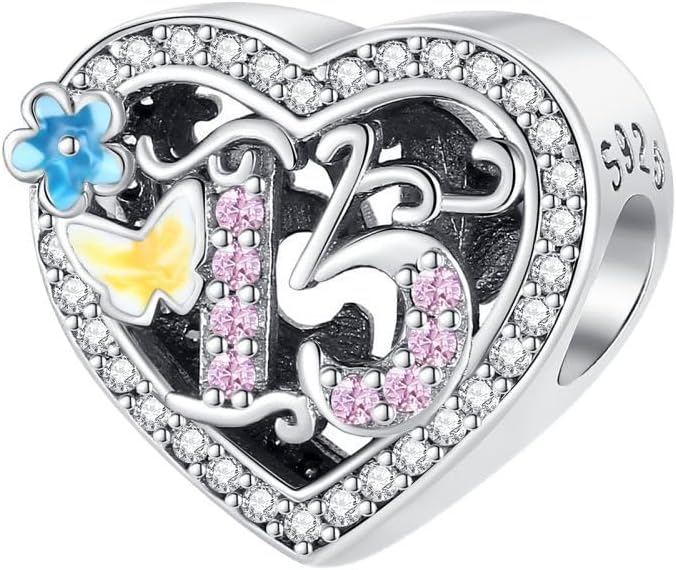 15 16 18 21 30 40 50 60 Love You Heart Butterfly Flowers Birthday Birth Date Memorial Bead Pendant 925 Sterling Silver Dangle Compatible With Pandora Moments Charm Bracelet