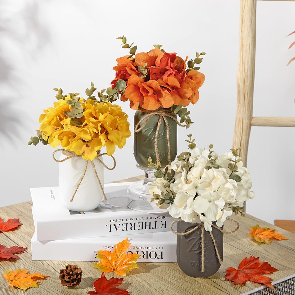Mason Jar Centerpiece Rustic Autumn Floral Centerpiece for Table Farmhouse Decor Fall Artificial Hydrangea Flowers Thanksgiving Tiered Tray Decoration for Kitchen, Dining Room, Home Decor-Set of 3 - Image 4