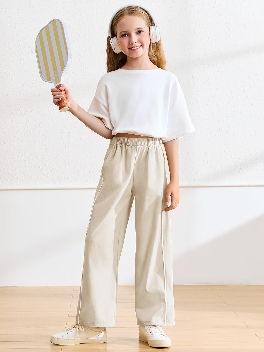 Haloumoning Girls Wide Leg Track Pants Kids Baggy Striped Parachute Pants Athletic Joggers with Pockets 5-14Y