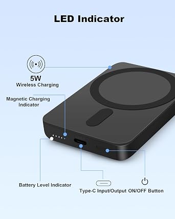 Miady Mini MagSafe-Compatible Portable Charger | 5000mAh 5W Compact Magnetic Power Bank for iPhone 16/15/14/13/12, 12W USB-C Charging Battery Pack