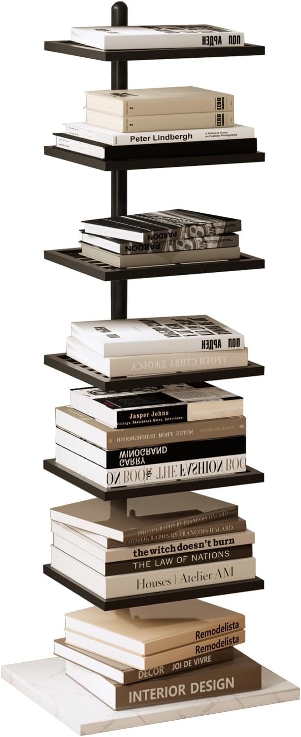 Vertical Bookshelf,Metal Spine Book Tower,Small Bookshelf for Small Spaces,Floor-Mounted Invisible Shelves with Marble Base for Living Room Bedroom Office