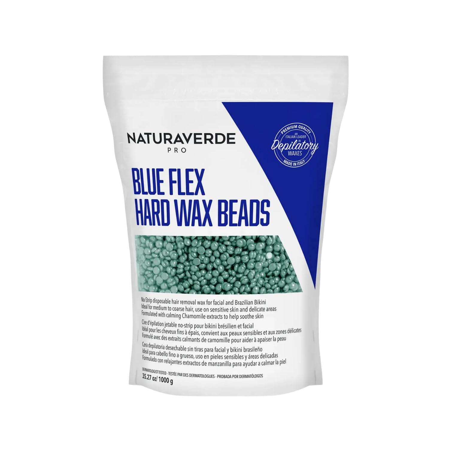 NaturaverdePro Blue Flex Hard Wax Beads, Body and Facial Hair Removal, Brazilian Bikini Wax for Women with Calming Chamomile - 2.2 lbs