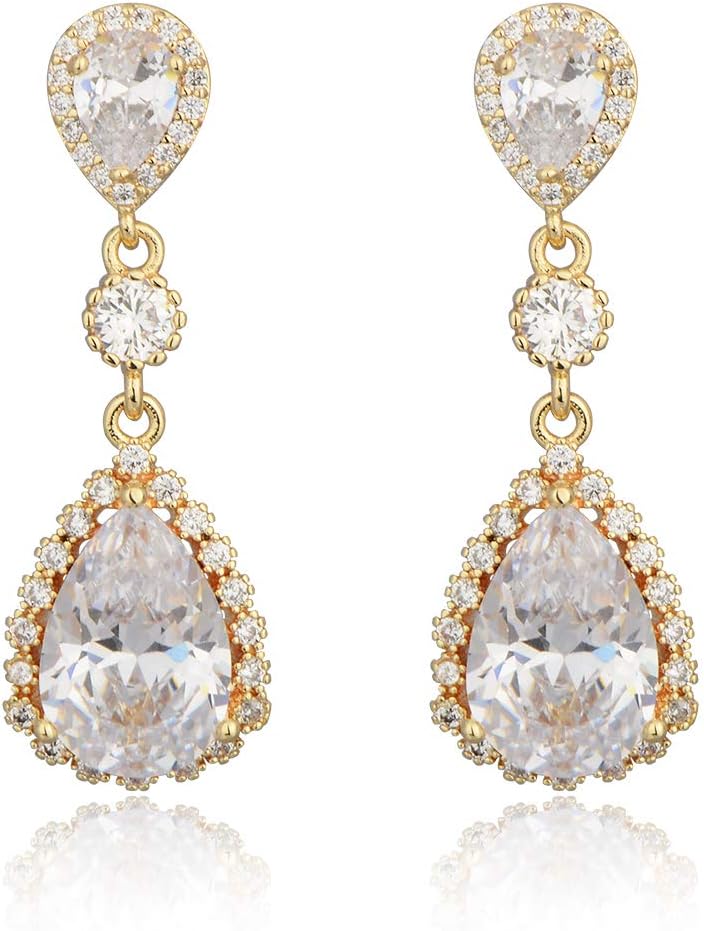 Teardrop Dangle Earrings for Wedding - Sparkly Sterling Silver Cubic Zirconia Crystal Rhinestone Drop Earrings Pierced Austrian Style Hypoallergenic Earrings Womens Bridal Jewelry