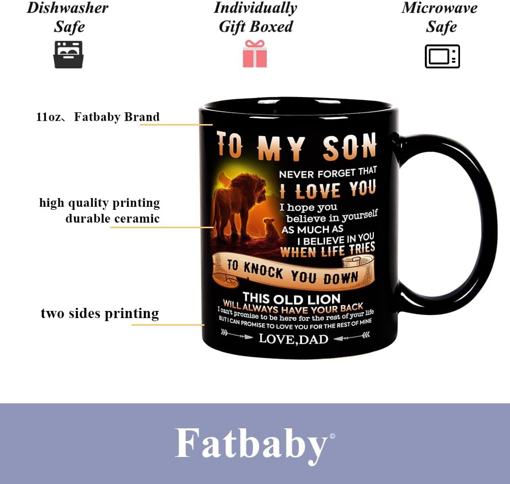 Fatbaby Birthday Coffee Mug Gifts for Son From Dad,Dad To My Son Gifts for Christmas Thanksgiving Farewell,Male Lion Black Tea Cup 11OZ