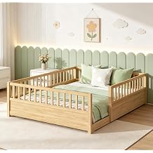 Bellemave Queen Floor Bed with high Fence, Solid Pine Wood Montessori Bed for Kids Girls Boys Floor Bed Frame, Natural with slats