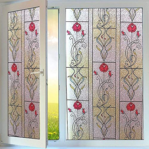 OstepDecor Red Rose Static Cling Privacy Decorative Window Films 23.6