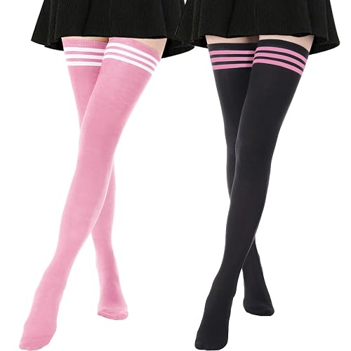 DRESHOW 2 Pairs Extra Long Thigh High Socks Long Boot Stockings Striped Over Knee Socks for Women Cotton Leg Warmers - 2 Pairs Extra Long: 23-h31