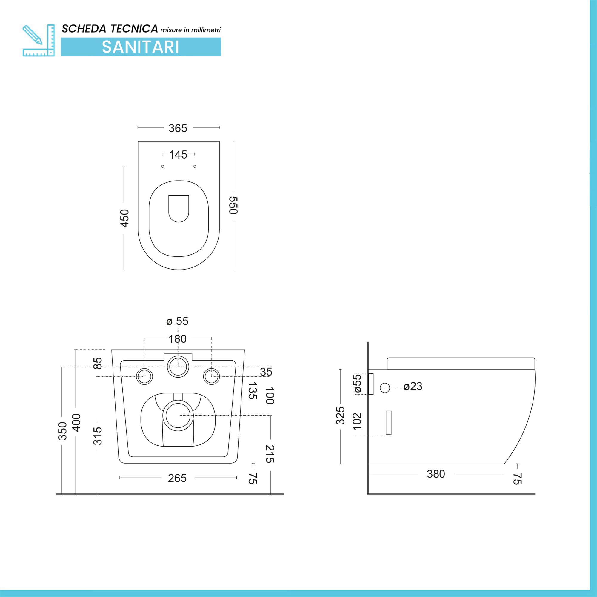 WC Sospeso Ceramica Bianco Opaco Scarico Rimless Tokyo