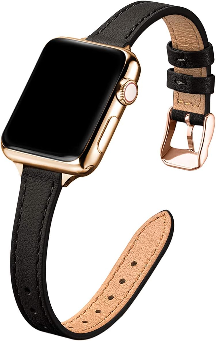 STIROLL Slim Leather Bands Compatible with Apple Watch Band 38mm 40mm 41mm 42mm 44mm 45mm,Top Grain Leather Watch Thin Wristband for iWatch SE Series 7/6/5/4/3/2/1 (Black with Gold,42mm/44mm/45mm)