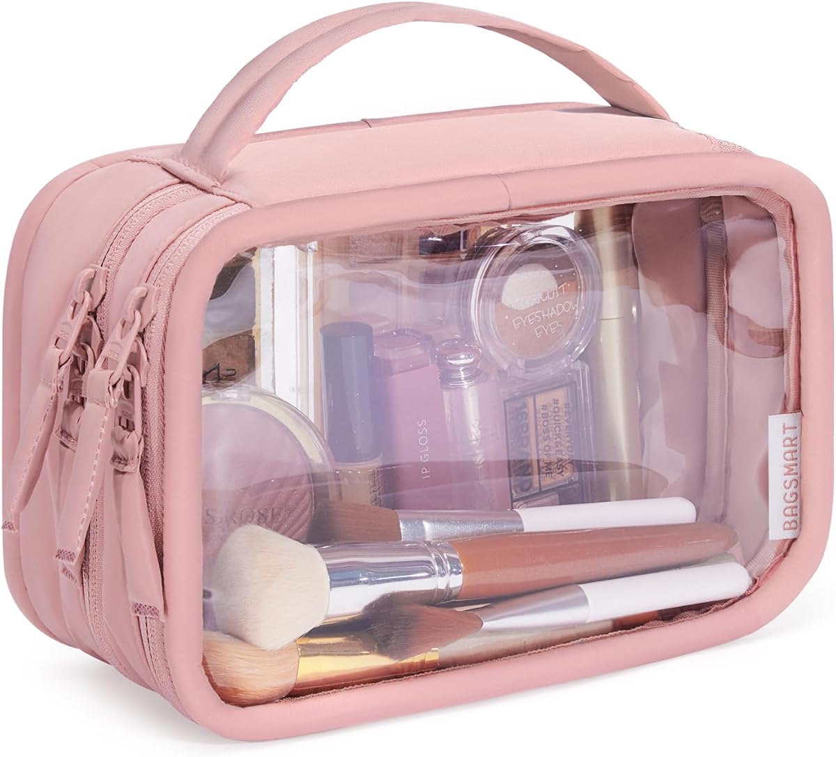 BAGSMART Bolsa de maquillaje transparente de doble capa, bolsa de aseo aprobada por la TSA, gran apertura con asa, bonita bolsa de cosméticos de viaje resistente al agua con doble cremallera para artículos esenciales para el coche (rosa)