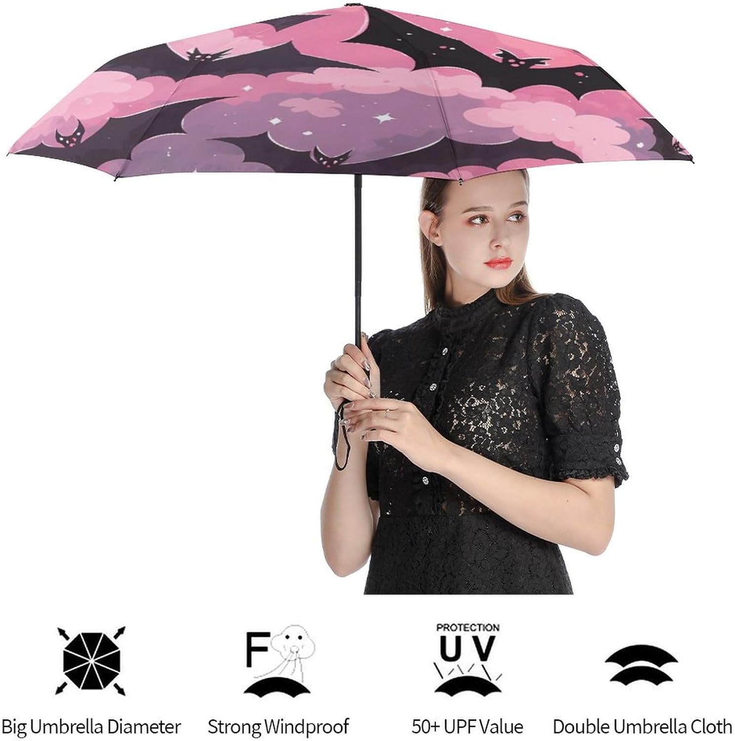 Gothic Bat Roses Halloween Umbrella Portable And Automatic Folding Umbrella for Rain & Sun Travel