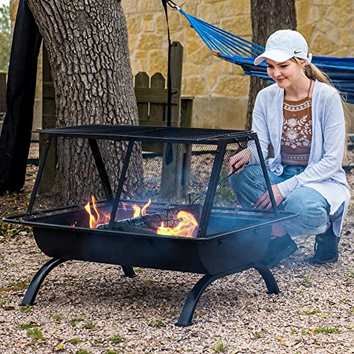 Suncreat Outdoor Fire Pit With Steel Grill, 36 Inch Large Wood Burning Firepit For Outside With Cooking Bbq Grill Grate, Spark Screen, Fireplace Poker, And Waterproof Cover #TOP1