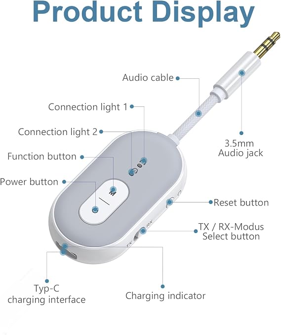 Bluetooth 5.3 Transmitter Receiver for Car, 2-in-1 Wireless Audio Adapter with 3.5mm AUX, Low Latency, Supports Dual Pairing for AirPods/Headphones, 18+ Hours Battery for Home Stereo, TV, Airplane
