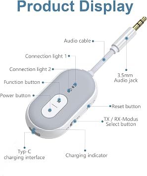 Bluetooth 5.3 Transmitter Receiver for Car, 2-in-1 Wireless Audio Adapter with 3.5mm AUX, Low Latency, Supports Dual Pairing for AirPods/Headphones, 18+ Hours Battery for Home Stereo, TV, Airplane