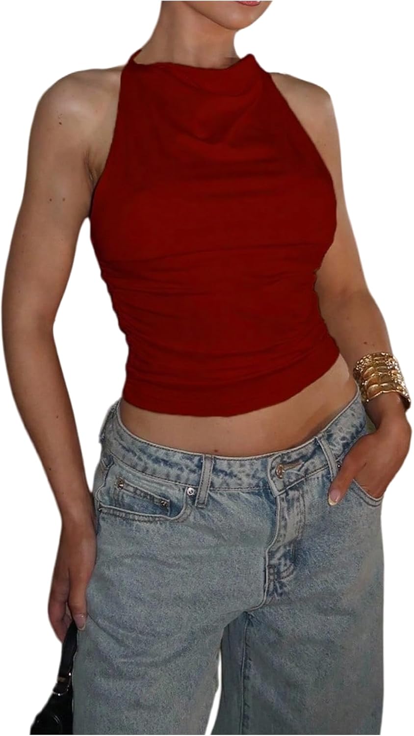 SHENHE Women's Y2k Tie Neck Halter Crop Top Backless Ruched Fitted Going Out Party Club Top