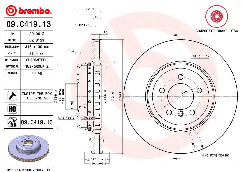 Brembo 09.C419.13 Composite two piece UV Coated vented Front Brake Rotor BMW/BMW (BRILLIANCE) OE# 34116763824