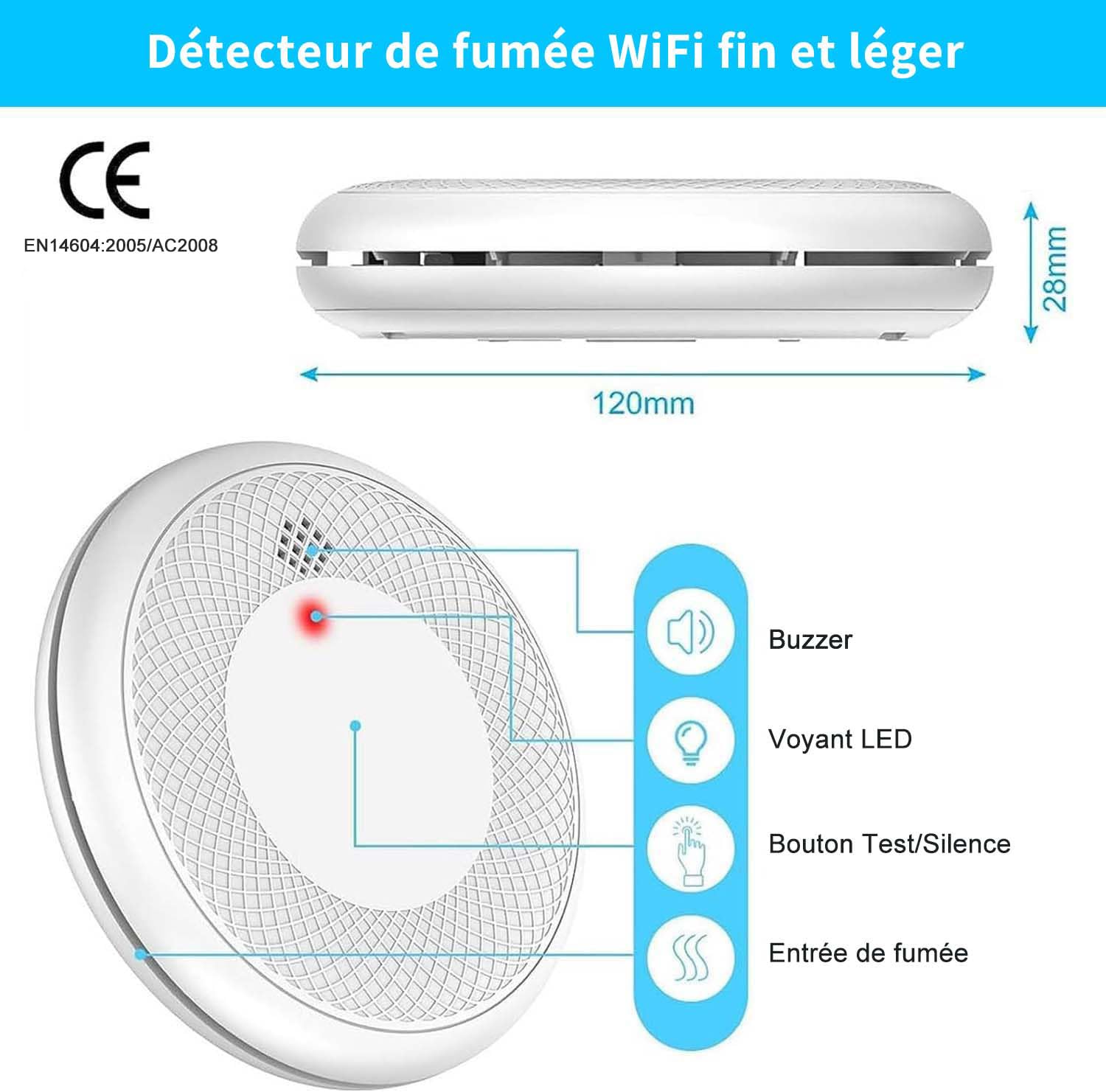 Détecteur de fumée Wi-FI Intelligent, Batterie de 10 Ans avec Notification d'App, Fonction silencieuse et Auto-Test, Conforme à la Norme en 14604 (Compatible avec l'App Tuya/Smart Life)-1 pièces