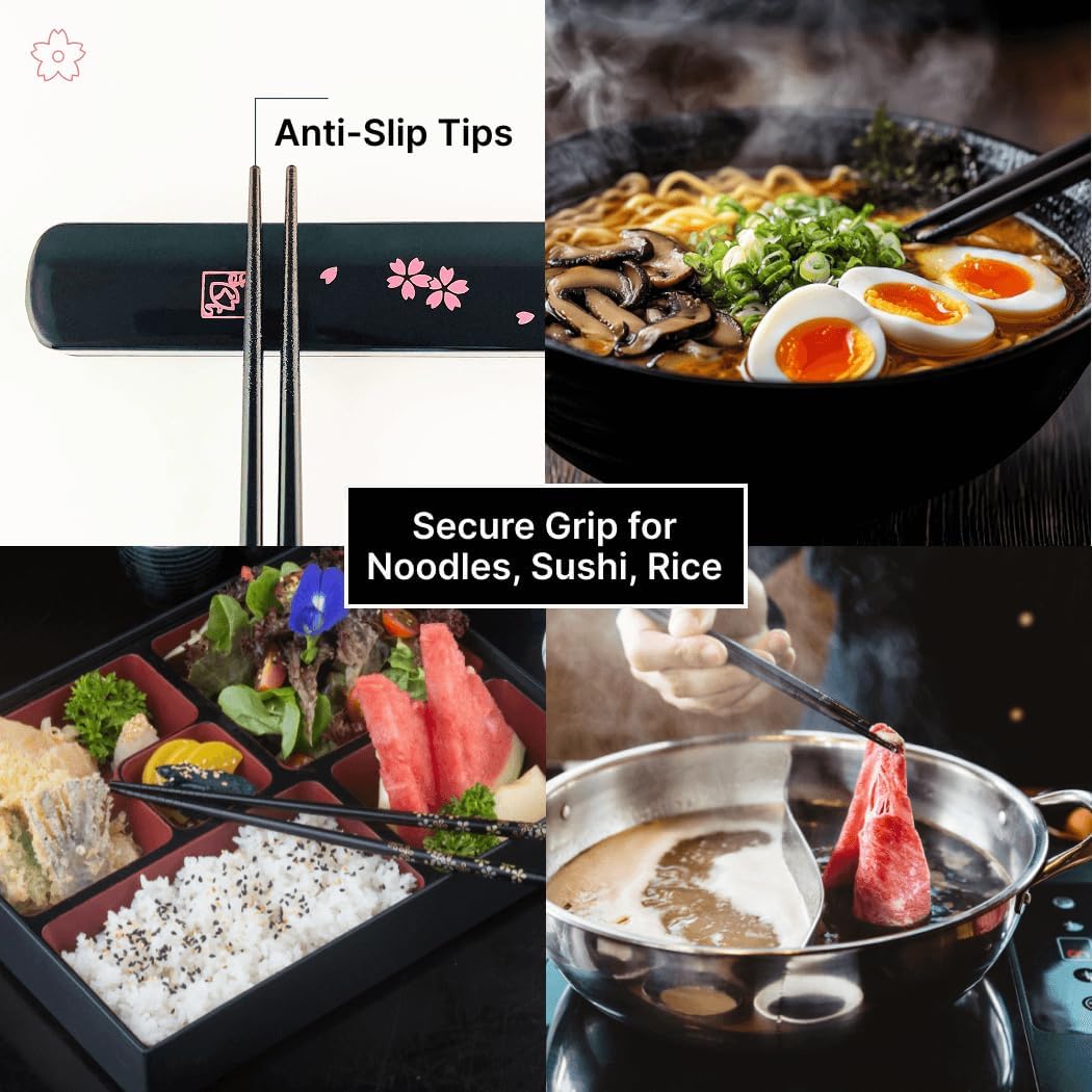 Portable Bamboo Chopsticks with Case – Reusable Travel Chopsticks Utensil Set, Dishwasher Safe, Sakura Pattern, Made in Japan