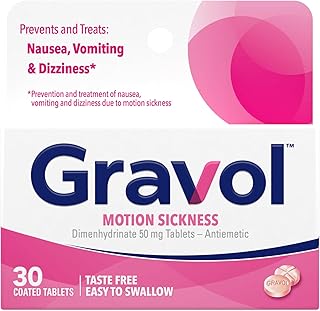 Gravol Motion Sickness Relief and Nausea Prevention, Easy to Swallow Coated Tablets, Anti-Nausea Medication Travel Essentials, 50 mg, 30 Count