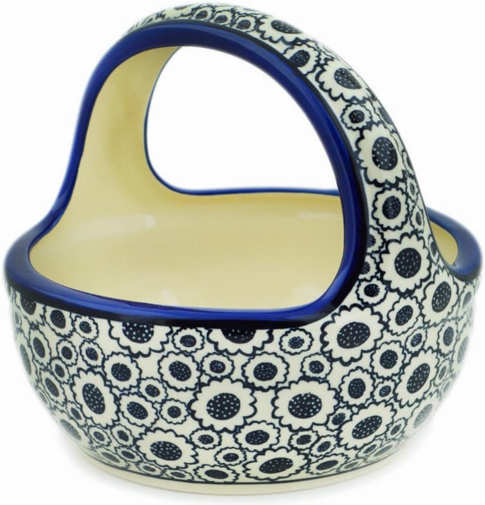 Polmedia Polish Pottery Basket with Handle - Blooming Night Pattern Handmade in Boleslawiec Poland + Certificate of Authenticity