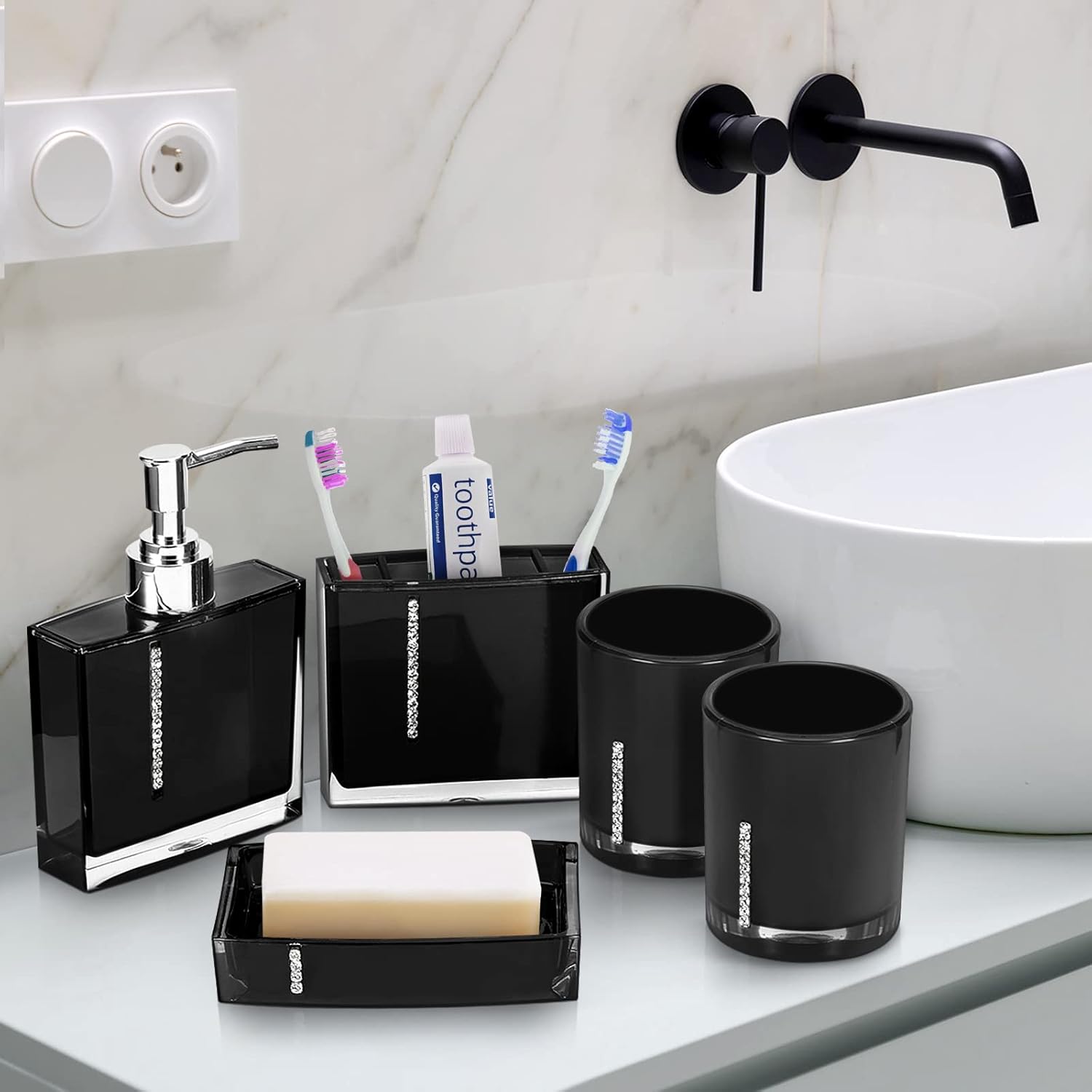 Bathroom Accessories Set, Acrylic Bathroom Designer 5-Piece Bath Accessory Set Decorative Bath Accessory Kit Including Toothbrush Holder Dish Toothbrush Cup Dispenser Gargle Cup (Black)