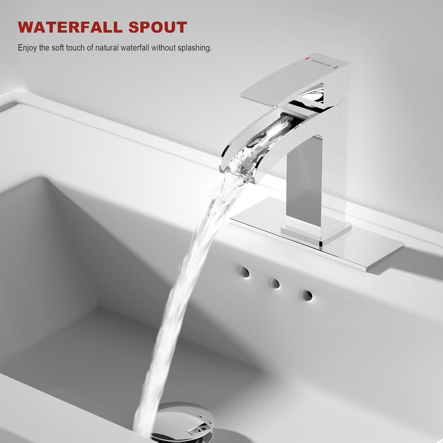 Polished Chrome Bathroom Faucet 1 Hole Waterfall, Vanity Faucet for Sink Single Handle Modern Mixer Tap with Pop-up Drain Stopper for Lavatory Farmhouse RV
