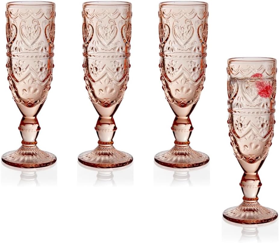 QUALIA Tuscany Green Vintage Champagne Flutes Set of 4, 7 oz Green Colored Flutes with Embossed Flower & Heart, Lead-Free Vintage Glassware, Colored Champagne Glasses, Prosecco Glasses Table Art