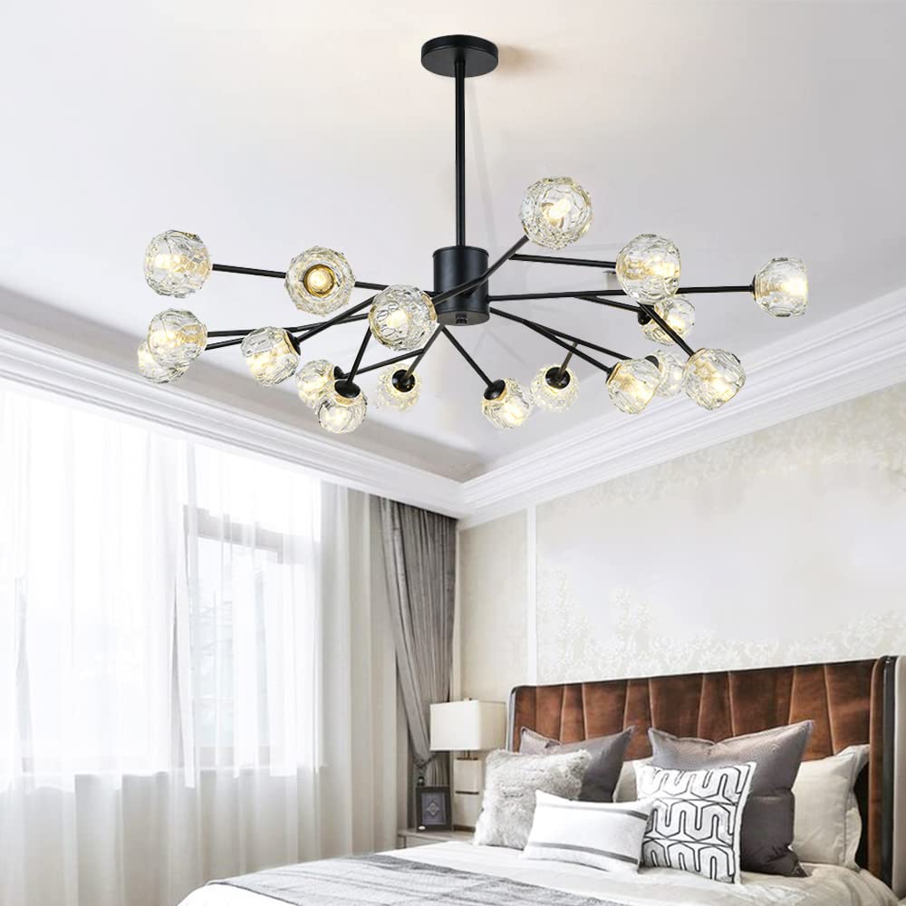 LUOLAX Modern Sputnik Chandelier 18 Lights Black Crystal Globe Pendant Lighting Mid Century Ceiling Lights Fixture with G9 Bulbs for Dining Room Bedroom Living Room