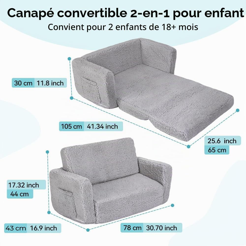 Generisch Canapé 2 en 1 pour enfant, fauteuil extra large, pour chambre d'enfant, à partir de 1 an, avec housse amovible, canapé doux, pour filles et garçons, gris