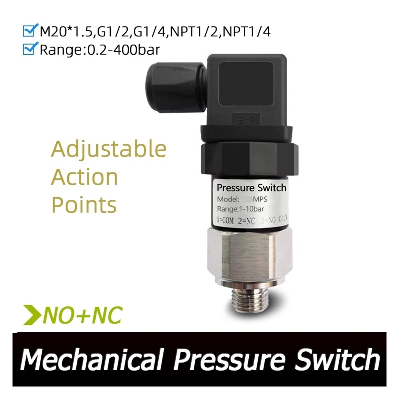 Interruptor de presión mecánico ajustable, controlador membrana pistón diafragma acero inoxidable for sistema neumático bomba agua 1 ud