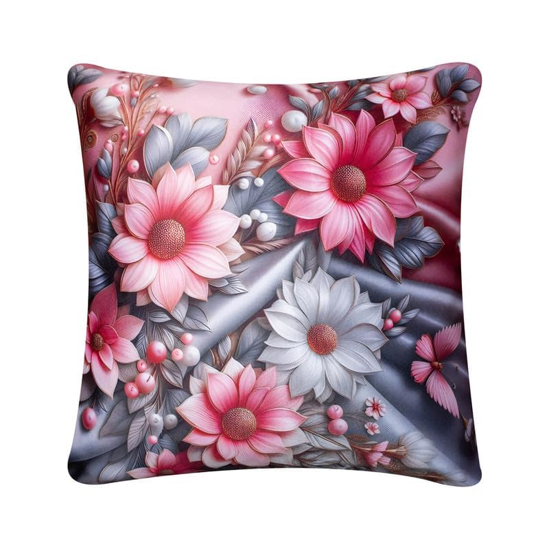 Image of Decorative Satin Sofa Cushion Covers Set of 5, 16 x 16 Inches, Multicolor Floral Printed Pillow Covers for Living Room, Bedroom, Couch & Sofa, Soft Glossy Fabric, Zipper Closure