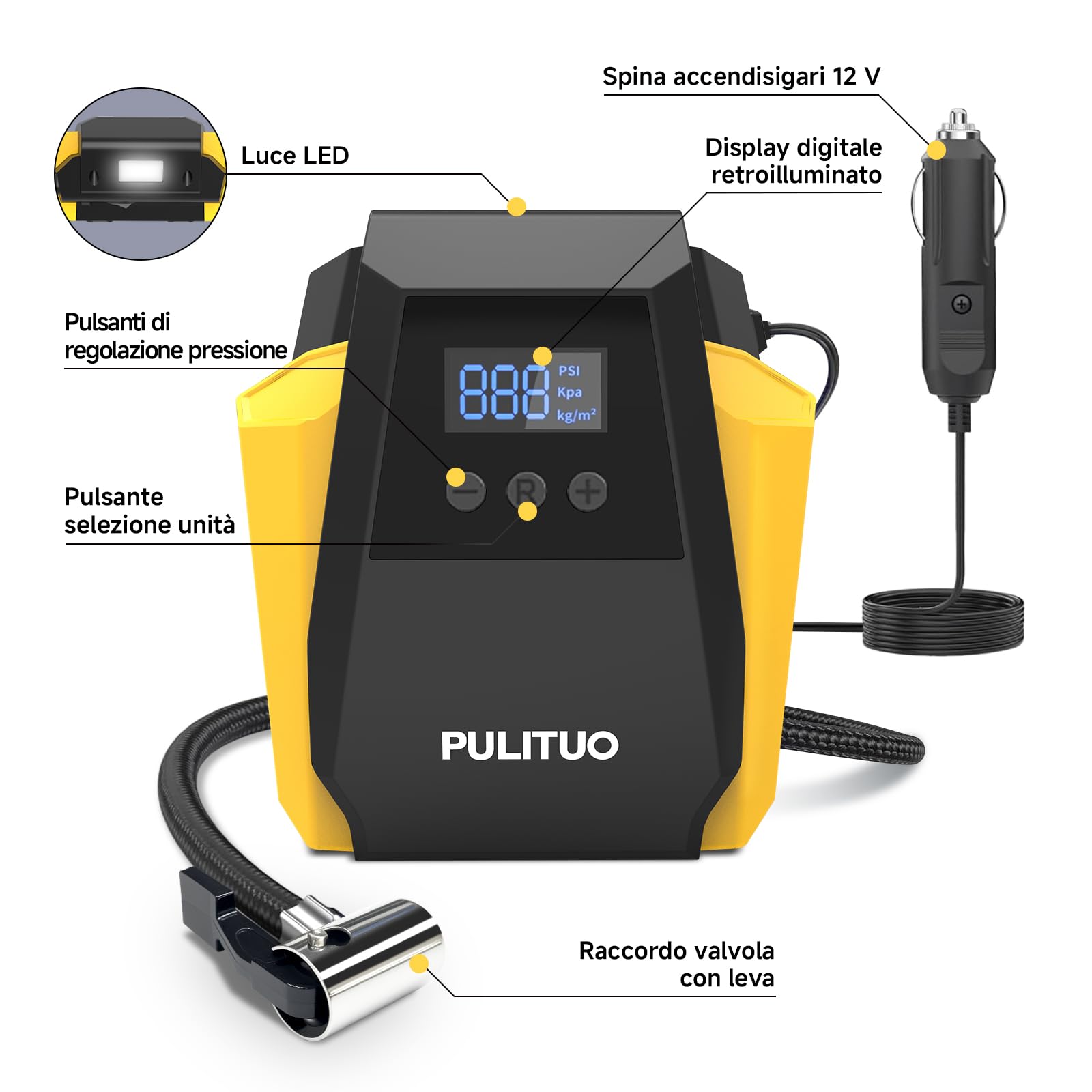 PULITUO Gonfiatore Pneumatici 12V DC - Compressore d'Aria Portatile 35L/min, 150 PSI / 10,3 Bar Pompa Auto con Arresto Automatico, Manometro Digitale e LED, Giallo