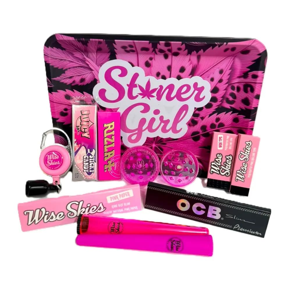 Wise Skies Pink Stoner Girl Rolling Tray Set Rolling Paper Tips Crusher Lighter Leash Cone Holders Bundle