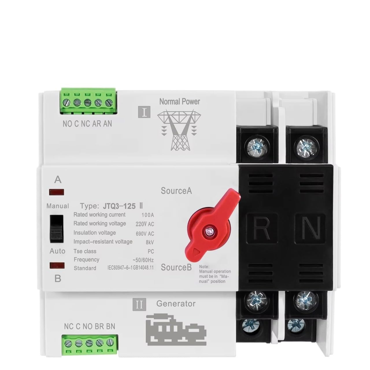 Front view of the FCNGEVBH ATS 100A 220V Automatic Transfer Switch, showing the manual/auto selector switch and terminal blocks.