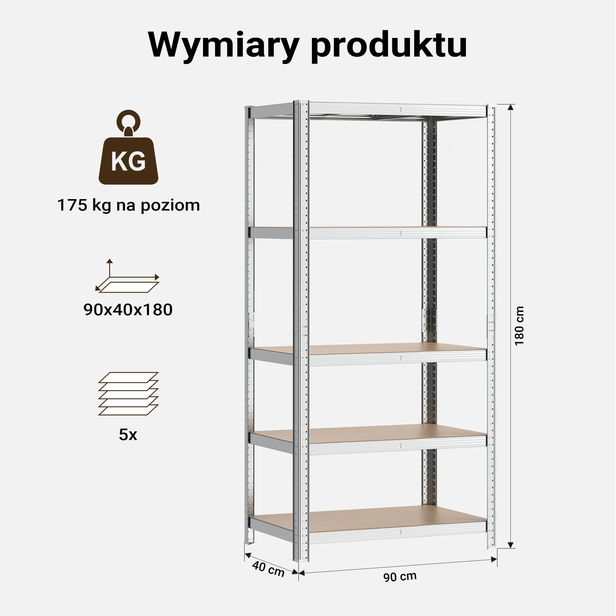 Wiltec Regał magazynowy cynkowany 180x90x40cm ze stali z 5 półkami do maks. obciążenia 875kg