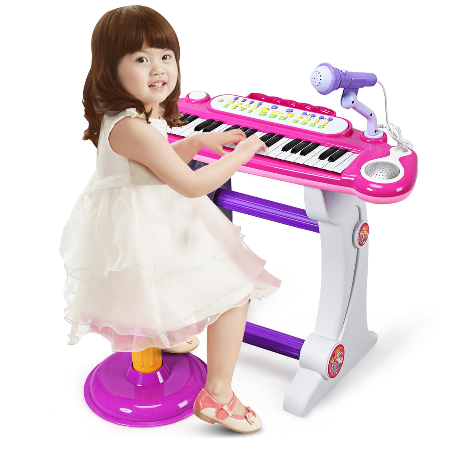 Maxmass37 Keys Kids Piano and Stool, Toddler Stand Electronic Keyboard with Microphone, Illuminated Keys, Recording & Playback Function, Children Musical Toy Keyboard for 3+ Boys Girls (Pink)