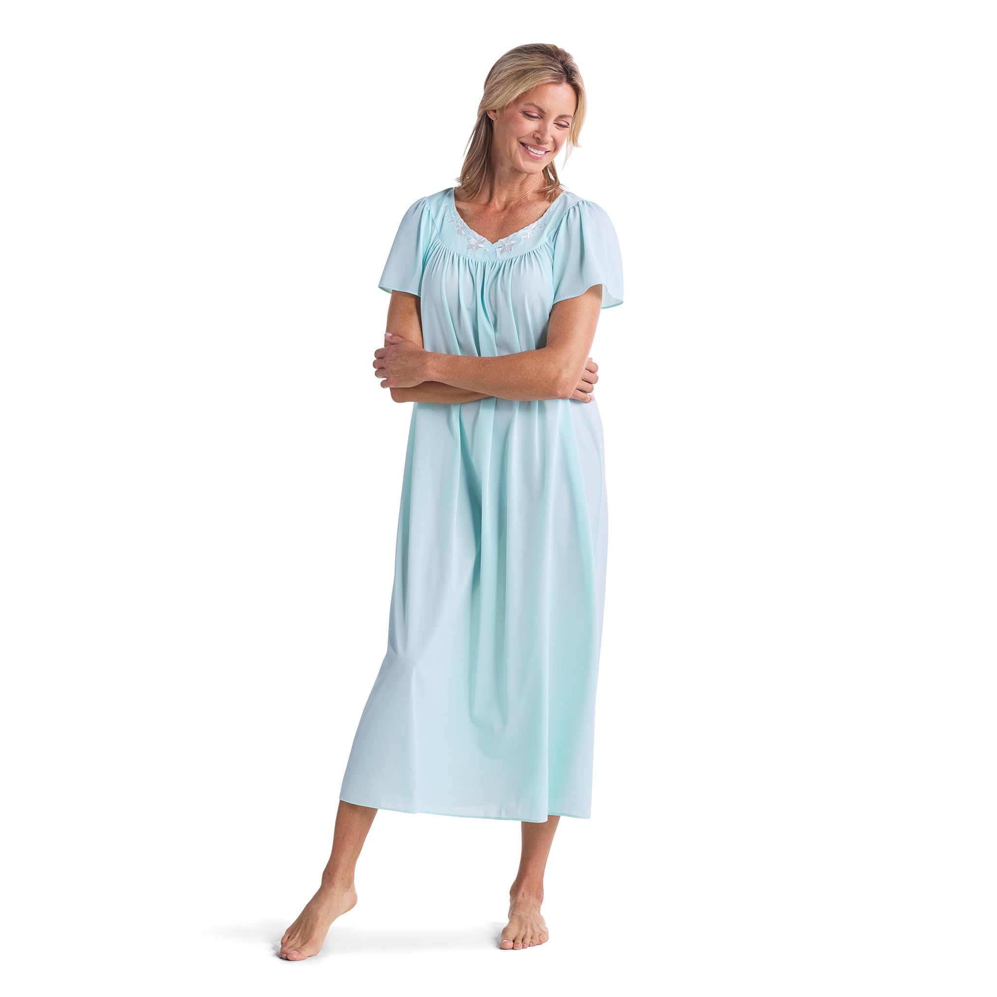 Miss Elaine Nightgown - Women's Long Tricot Nightgown, Short Flutter Sleeves, Comfortable Lightweight Fabric, Sleepwear