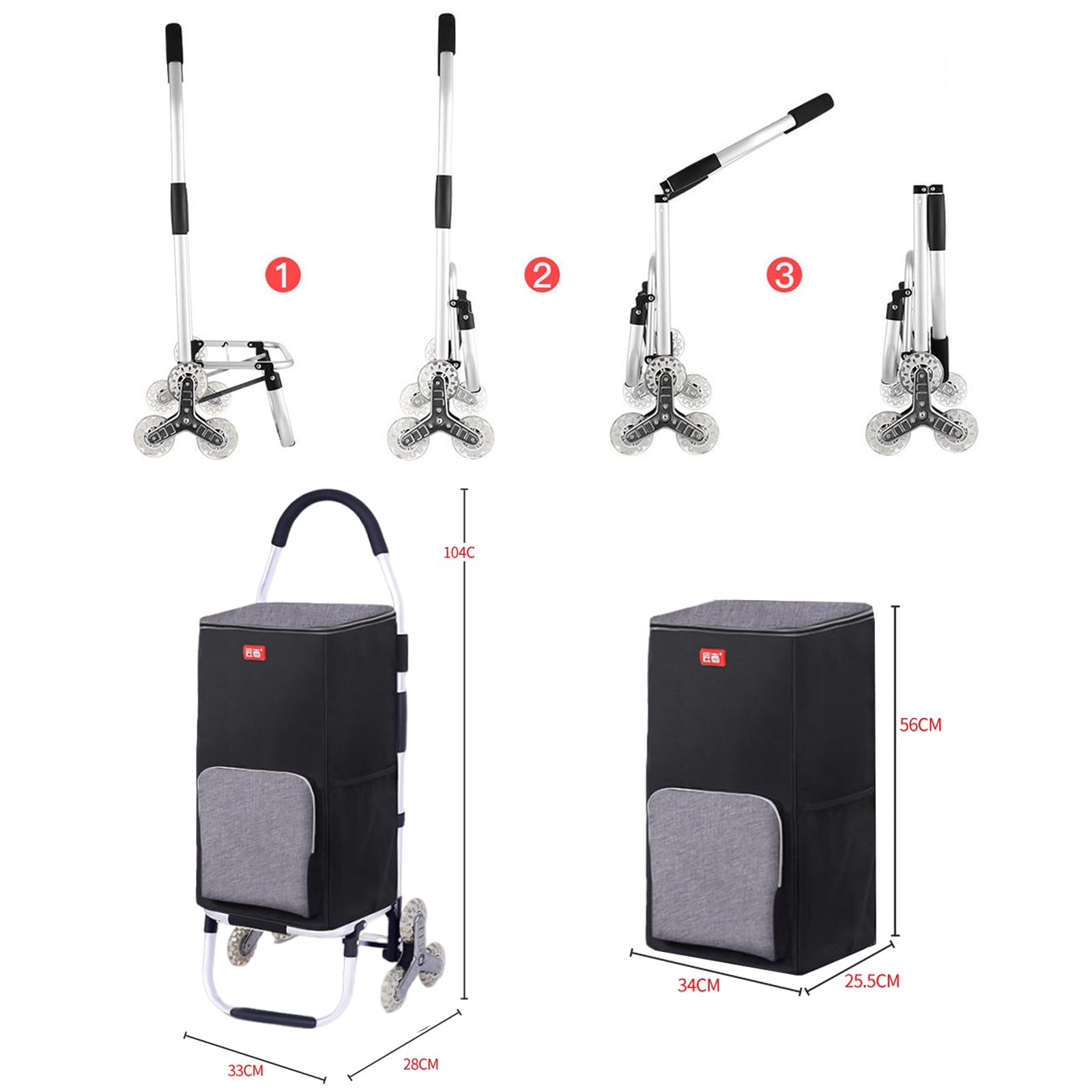 Aluminium Einkaufstrolley Treppensteiger,mit Kühlfach, 2in1 Einkaufstrolley klappbar abnehmbare Tasche 6 Rollen Treppensteiger Einkaufswagen Einkaufshilfe Trolley, Wasserdicht (Black)
