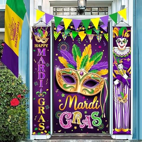 Zachely Mardi Gras Door Cover Banner Decorations, Mardi Gras Hanging Front Door Banner Decor, Mardi Gras Porch Banner Door Cover for Carnival Masquerade Indoor Outdoor Party Supplies Decorations Cover