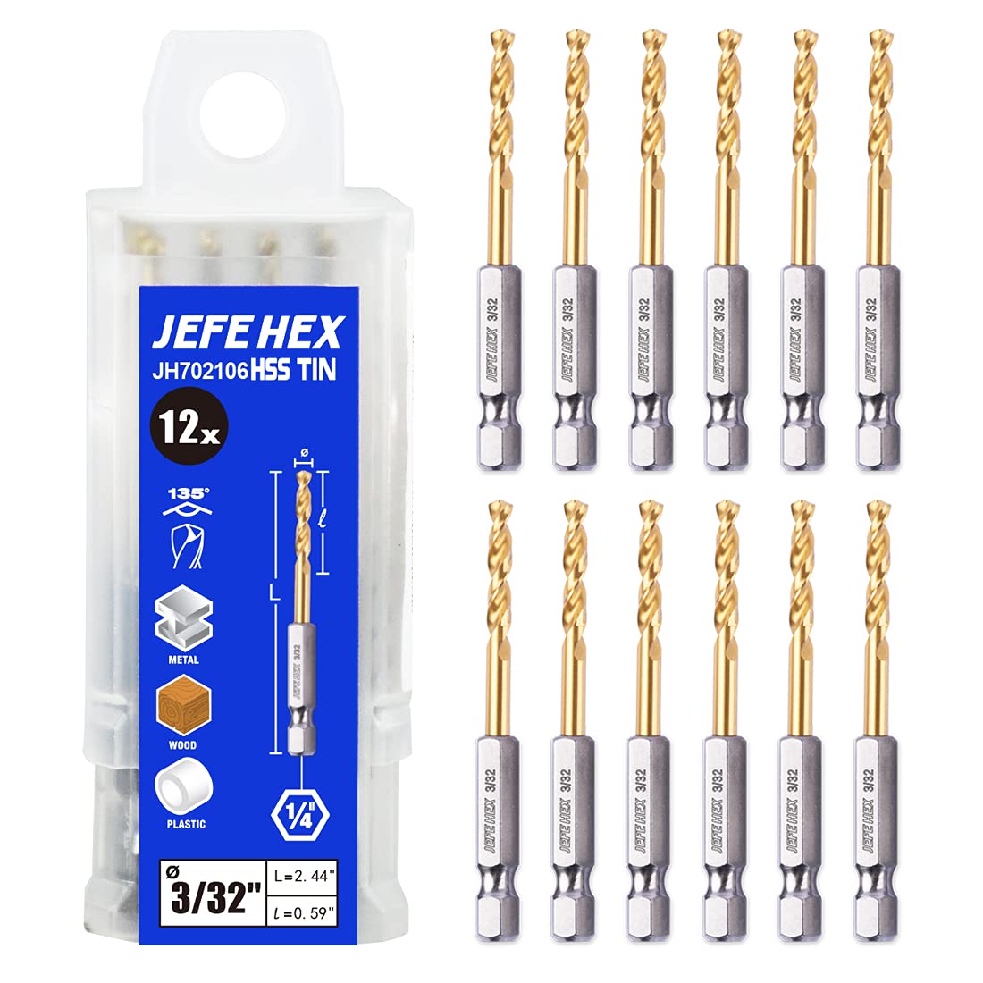 JEFE HEX 3/32 Inch HSS Titanium Twist Drill Bit - Hex Shank for Quick Change, 135 Degree Split Point, Precision Start Drill Bit for Wood, Plastics, Steel, Copper, Aluminum Alloy (Pack of 12)