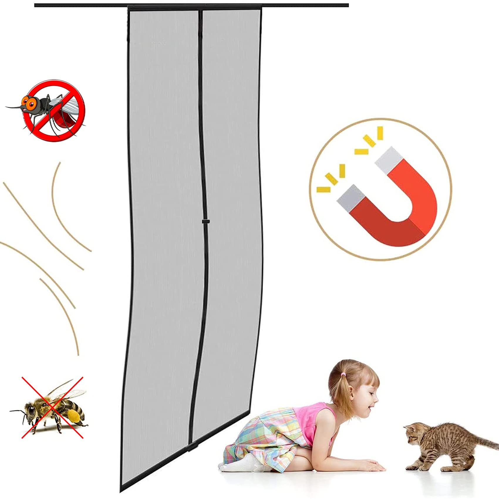 Magnet Fliegengitter Tür, 200x265cm Fliegenvorhang Moskitonetz Automatisches Schließen Insektenschutz für Balkontür Wohnzimmer Terrassentür Schwarz