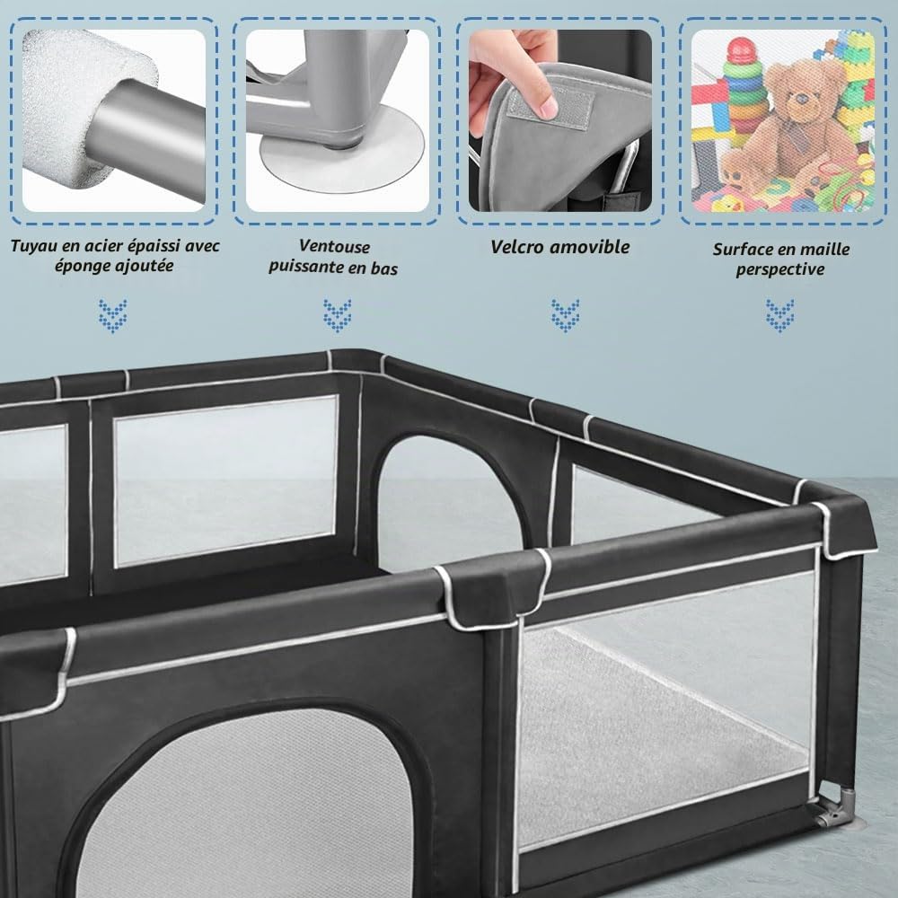 Parc Bébé Modulable,180cm*150cm*66cm Parc Bébé Pliable, Tissu Oxford/Avec sac de rangement/Sûr et confortable, Activités parent-enfant(Gris foncé/Noir) (Noir)