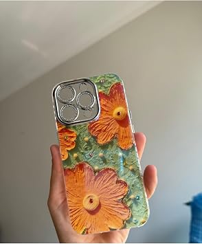iPhone 15 Pro Max ile Uyumlu, Çiçek Desenli, Simli Lens Koruyuculu, Yeşil Silikon Kılıf