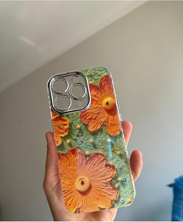iPhone 15 Pro Max ile Uyumlu, Çiçek Desenli, Simli Lens Koruyuculu, Yeşil Silikon Kılıf