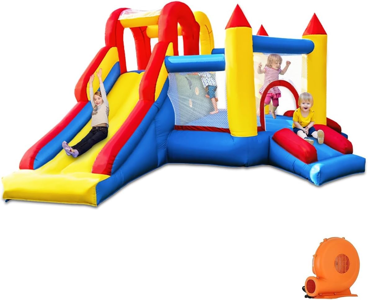 Ballsea Hüpfburg, Aufblasbare Hüpfburg mit Langer Rutsche, Indoor/Outdoor Spielplatz, Sicherheitszertifiziert, Mehrere Spielbereiche, für Kinder 3-10 Jahre, 375 x 305 x 195cm (mit Gebläse)