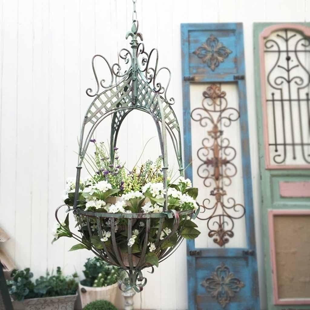 Panier de fleurs suspendu en fer forgé avec chaîne | Jardinière décorative intérieur/extérieur pour balcon, véranda et terrasse