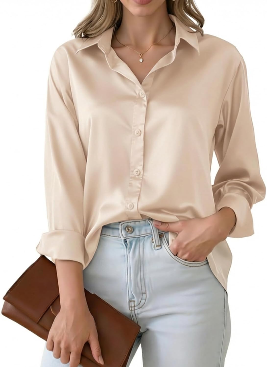 Women's Satin Silk Button Down Shirts Silky Long Sleeve Office Work Shirt Business Casual Blouses Tops
